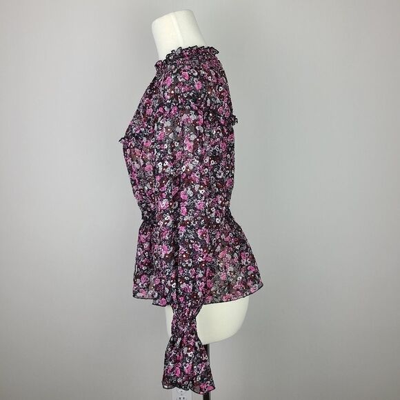 Zara Black & Pink Floral Mock Neck Peplum Blouse XS - Picture 9 of 16
